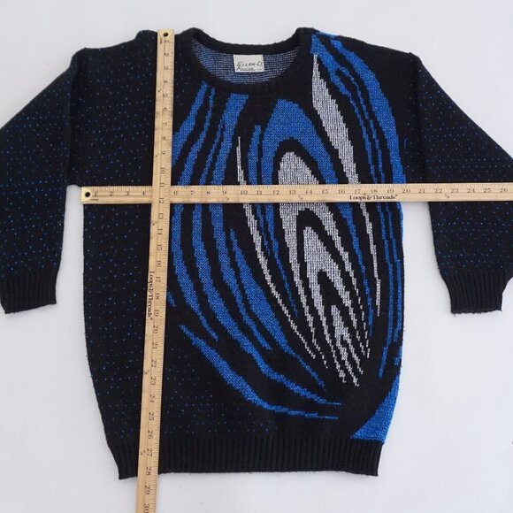 Vintage Ellen-D Kollection Black Blue Silver Knit Shimmer Abstract Sweater S - Picture 4 of 10